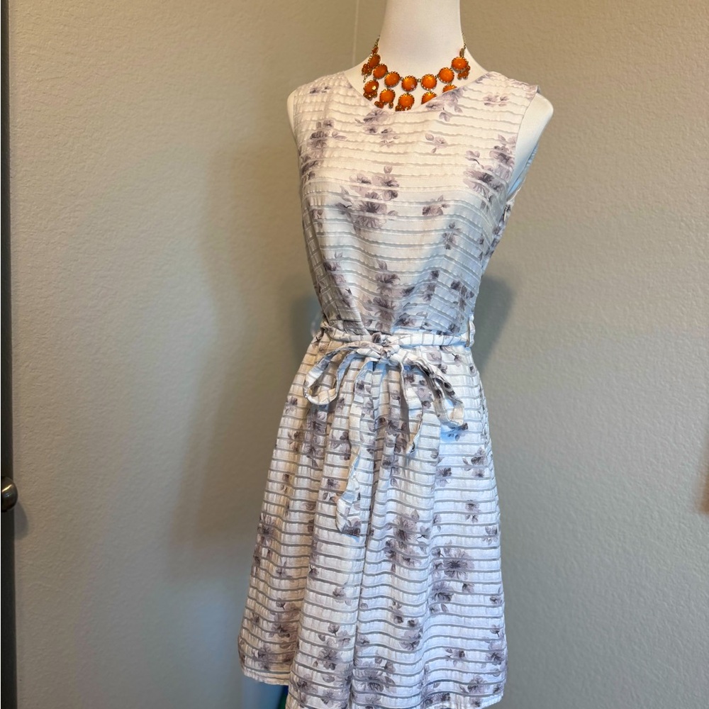 Light stripe cherry blossom A shape dress with belt